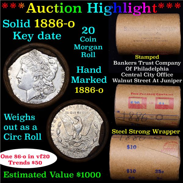 ***Auction Highlight*** Full solid date 1886-o Morgan silver dollar roll, 20 coins (fc)