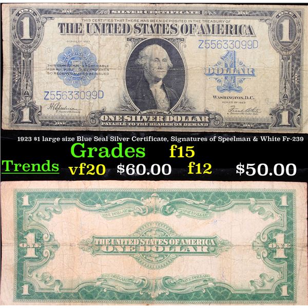 1923 $1 large size Blue Seal Silver Certificate, Signatures of Speelman & White Fr-239 Grades f+