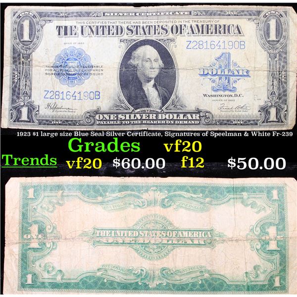 1923 $1 large size Blue Seal Silver Certificate, Signatures of Speelman & White Fr-239 Grades vf, ve