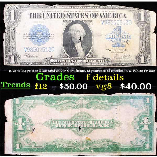 1923 $1 large size Blue Seal Silver Certificate, Signatures of Speelman & White Fr-239 Grades f deta