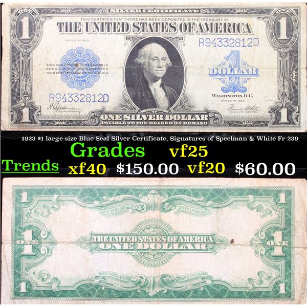 1923 $1 large size Blue Seal Silver Certificate, Signatures of Speelman & White Fr-239 Grades vf+