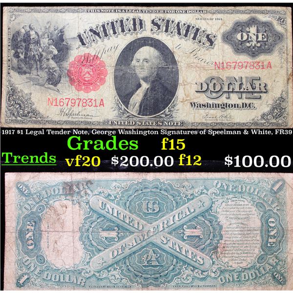 1917 $1 Legal Tender Note, George Washington Signatures of Speelman & White, FR39  Grades f+