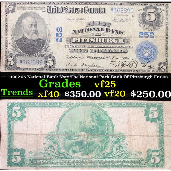 1902 $5 National Bank Note The National Park Bank Of Pittsburgh Fr-606 Grades vf+