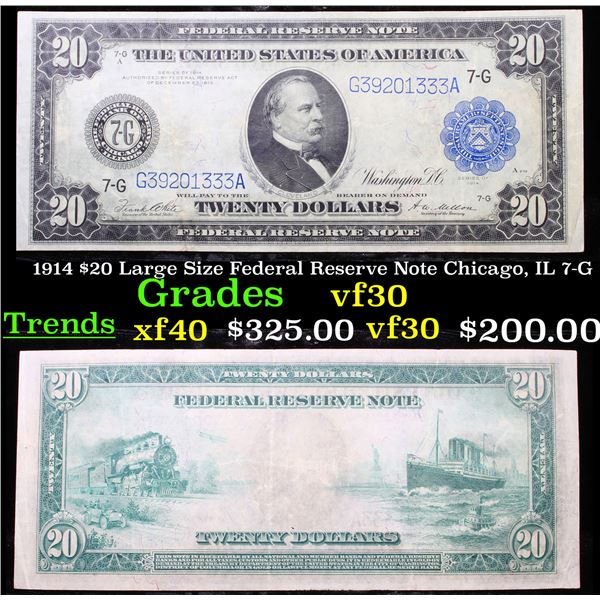 1914 $20 Large Size Federal Reserve Note Chicago, IL 7-G Grades vf++