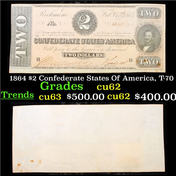 1864 $2 Confederate States Of America, T-70 Grades Select CU