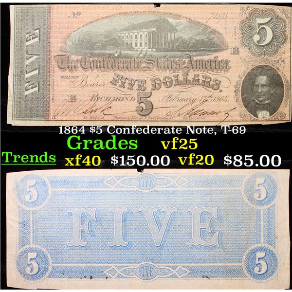 1864 $5 Confederate Note, T-69 Grades vf+