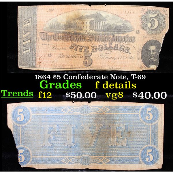 1864 $5 Confederate Note, T-69 Grades f details