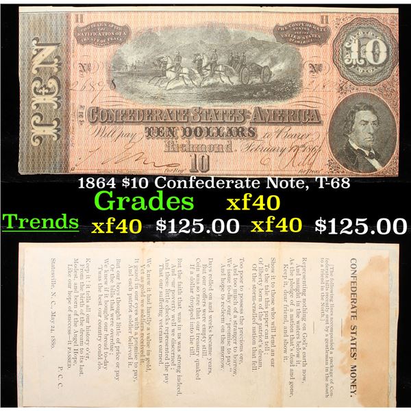 1864 $10 Confederate Note, T-68 Grades xf