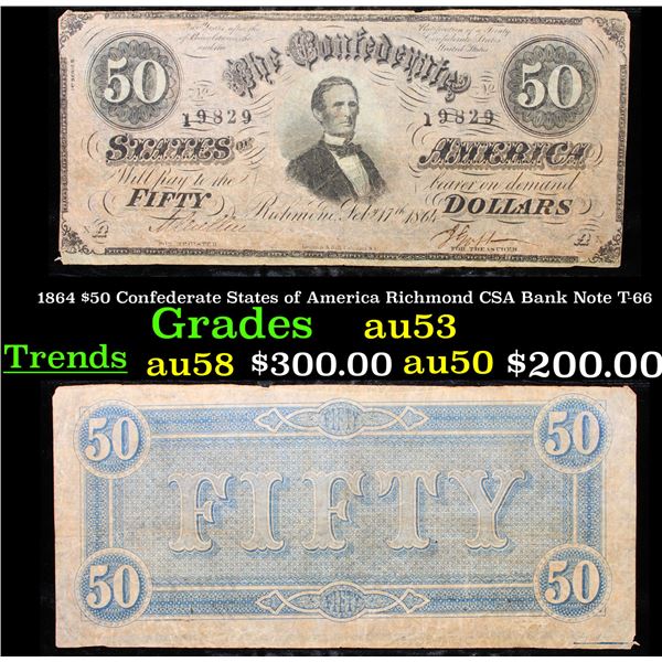 1864 $50 Confederate States of America Richmond CSA Bank Note T-66 Grades Select AU