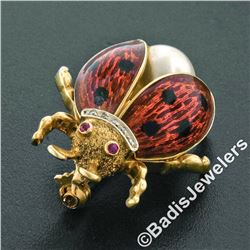 Vintage 18kt Yellow Gold Ruby Diamond Pearl and Enamel Ladybug Pin Brooch