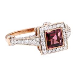 2.56 ctw Square Step Rhodolite Garnet And Round Brilliant Cut Diamond Ring - 18K
