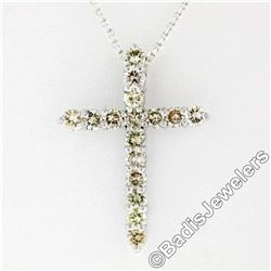 New 14kt White Gold 1.52 ctw Fancy Colored Round Diamond Cross Pendant Necklace