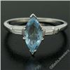 Image 2 : Vintage 14kt White Gold 1.20 ctw Marquise Aquamarine and Baguette Diamond Ring