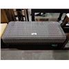 Image 1 : WOOD AND TWEED CUSHIONED BENCH