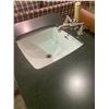 Image 2 : WHITE AND CHARCOAL DOUBLE SINK VANITY WITH DOUBLE DOORS, AND BRUSHED NICKEL FAUCET FIXTURES