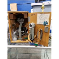 OLYMPUS MICROSCOPE WITH ACCESSORIES, LIGHT & WOODEN BOX