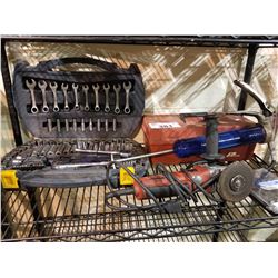 SOCKET SET, GREASE GUN, TOOLBOX & CONTENTS, MILWAUKEE 4.5" GRINDER, MASTERCRAFT NEEDLE FILE SET