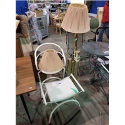 WHITE CHAIR, FOOT STOOL, LAMP & 2 LAMP SHADES