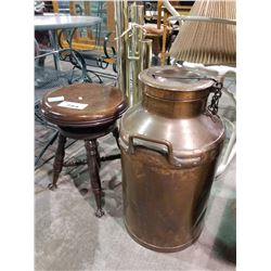 ANTIQUE CLAW FOOT PIANO STOOL & BRASS CREAM CAN