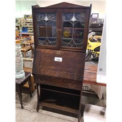 ANTIQUE OAK DROP FRONT SECRETAIRE DESK WITH LEAD GLASS WINDOWS