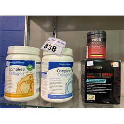 4 SUPPLEMENT PRODUCTS: 2 PROGRESSIVE COLLAGEN, 1 VEGA SPORT ELECTROLYTE HYDRATOR, & GNC AMP