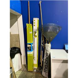 ASSORTED GARDENING TOOLS, PATIO UMBRELLA, POLE CHAINSAW, & CHAIR