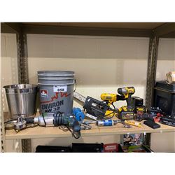 ASSORTED TOOLS INCLUDING: DEWALT POWER TOOLS, DEWALT BATTERIES + CHARGER, MILWAUKEE DRILL, BUCKETS,