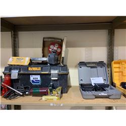 ASSORTED TOOLS INCLUDING PLS LASER LEVEL, DEWALT TOOL BOX, LAMELO 10, MICRO QUADRIGAGE, & MORE