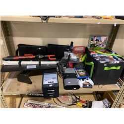 ASSORTED DVDS/VHS/BLUE-RAYS, PS4 CONTROLLER, ASSORTED SPEAKERS, APC SMART UPS 750 SYSTEM, & MORE