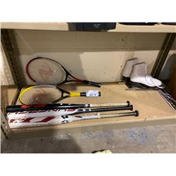 3 BASEBALL BATS, 2 RACKETS, & PAIR OF CHIMO TARA SIZE 6 ICE SKATES