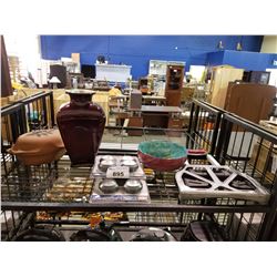 ASSORTED ITEMS INCLUDING: DOLLY, CHEESE PLATTER, VASE, PUSH LIGHTS, & MORE