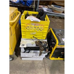 SMALL TOOL BOX WITH BUILT IN VICE & CONTENTS OF TOOLS & CRATE OF PAINTBALL RELATED ITEMS