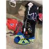 Image 1 : 2 BINS OF ASSORTED CONTENTS SUCH AS: HELMETS, CAMELBAK BACKPACK, HIGH-VIS VEST, & MORE