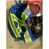 Image 2 : 2 BINS OF ASSORTED CONTENTS SUCH AS: HELMETS, CAMELBAK BACKPACK, HIGH-VIS VEST, & MORE