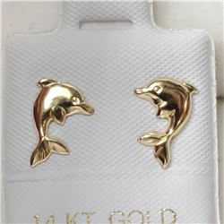 14K Yellow Gold Dolphin Shaped Earrings, Made in Canada, Appraised Retail $200