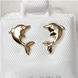 14K Yellow Gold Dolphin Shaped Earrings, Made in Canada, Suggested Retail Value $250
