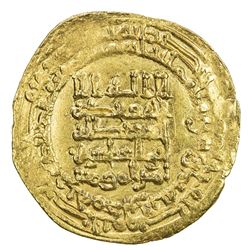 ABBASID: al-Muqtadir, 908-932, AV dinar (4.20g), Hamadan, AH318. VF-EF
