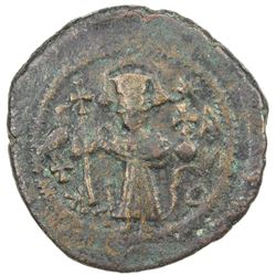 ARAB-BYZANTINE: Standing Emperor, ca. 660s-680s, AE fals (5.43g), Dimashq, ND. VF