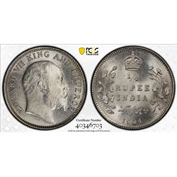 BRITISH INDIA: Edward VII, 1901-1910, AR 1/4 rupee, 1904(c). PCGS MS64