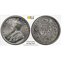 BRITISH INDIA: George V, 1910-1936, AR 1/2 rupee, 1921(c). PCGS MS63