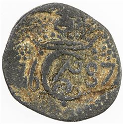 TRANQUEBAR: Christian V, 1670-1699, lead 2 kas (3.86g), 1687. F-VF