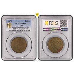 CEYLON: brass token, 1876. PCGS MS61