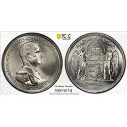 HUNGARY: Miklos Horthy, regent, 1920-1944, AR 5 pengo, 1930. PCGS PF67