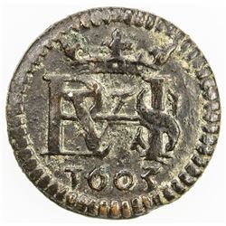 SPAIN: Felipe III, 1598-1621, AE maravedi, Segovia, 1603. EF