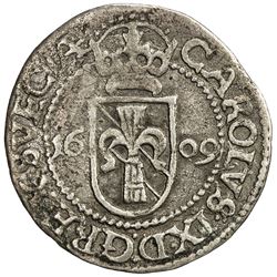 SWEDEN: Karl IX, as king, 1604-1611, AR 2 ore (1.52g), 1609. VF