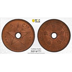 BELGIAN CONGO: Leopold II, 1885-1908, AE 5 centimes, 1887. PCGS MS64