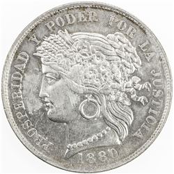 PERU: Republic, AR 5 pesetas, 1880. EF-AU