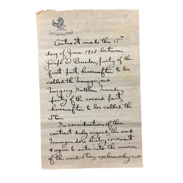 Margery Kathleen Maude Handwritten Contract (1917)