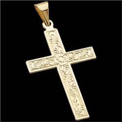 14k SOLID YELLOW GOLD ENGRAVED CROSS (36591)