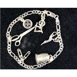STERLING SILVER CHARM BRACELET THIMBLE BUTTON SEWING ITEMS (39856)